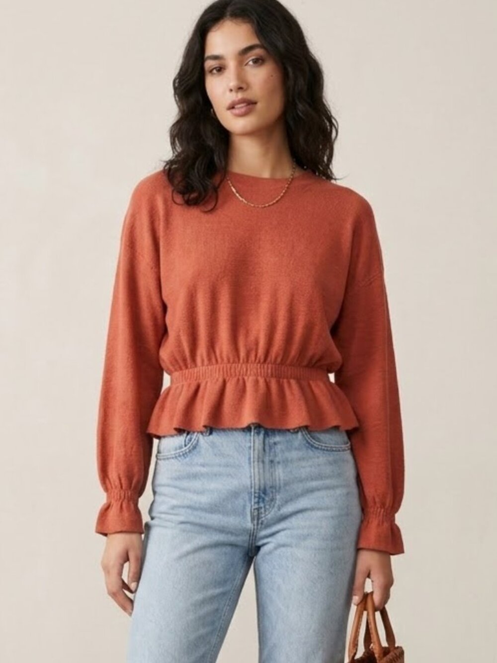 Zara Women's Size Small Coral Pink Ribbed Long Sleeve Peplum Boho Top